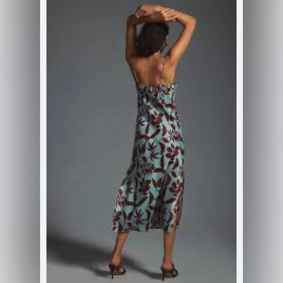 Anthropologie Teal and Burgundy Floral Midi Square Neck Slip Dress size Medium - Picture 3 of 9